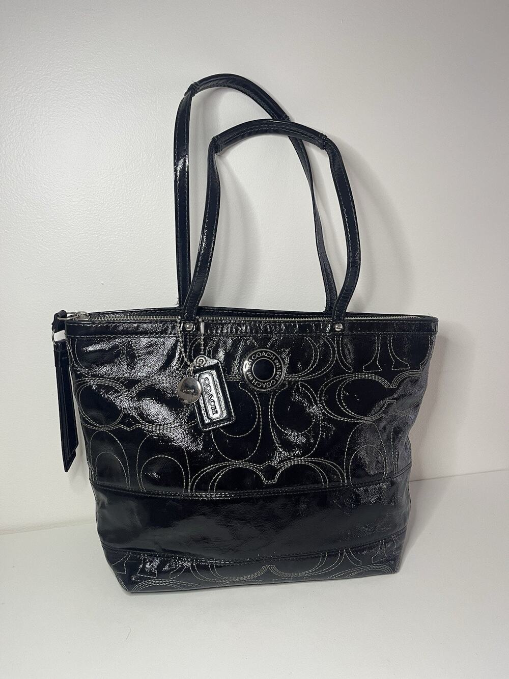 VTG Coach Black Patent Leather Tote Signature Stripe BagStitched F19198 EUC Y2K
